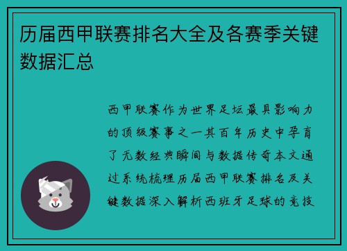 历届西甲联赛排名大全及各赛季关键数据汇总